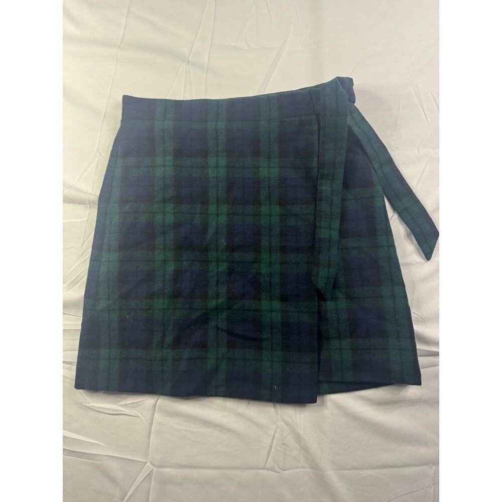 J Crew Skirt Womens Size 0 Wool Wrap Lined Green Blue Plaid Windowpane NWT